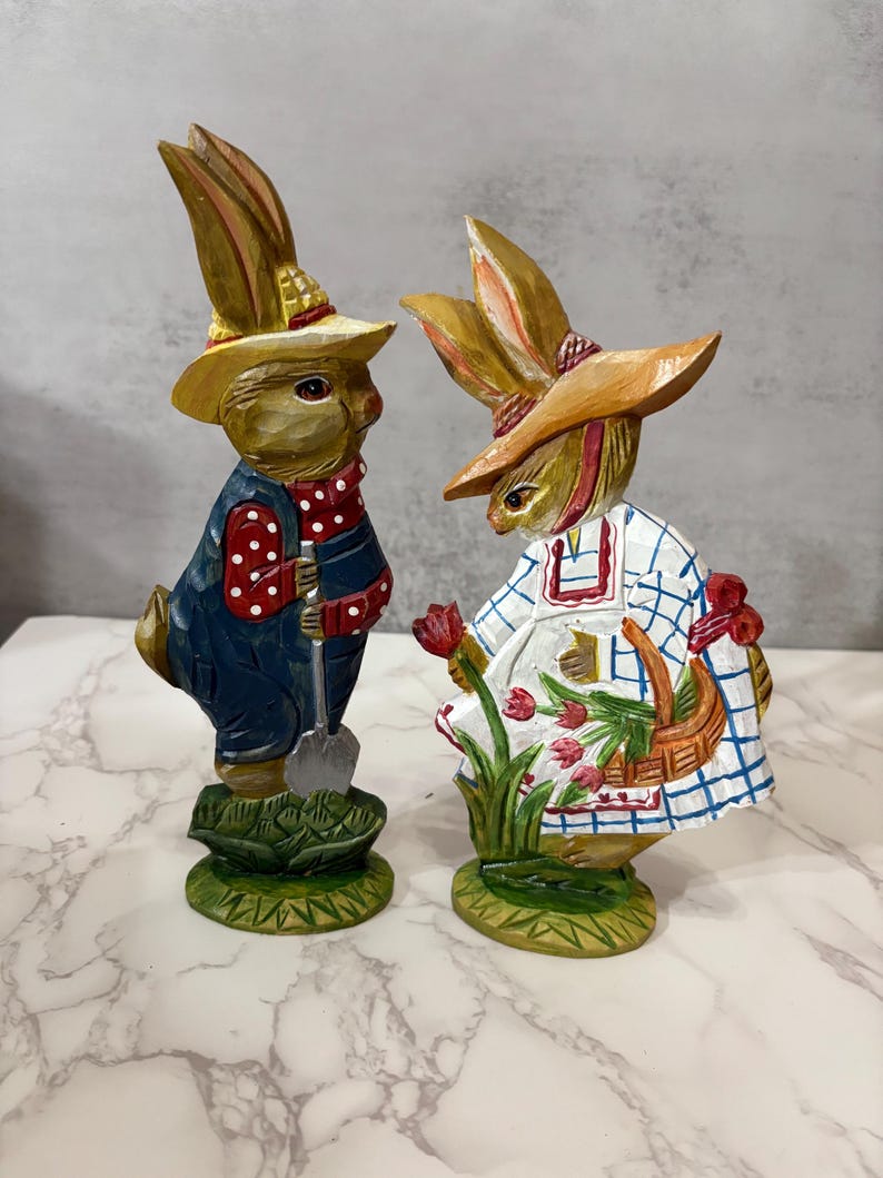Vtg Dept 56 Easter Spring Wood Rabbits Boy Girl Figures Hand Carved ...