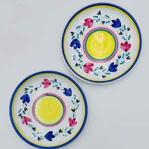 May include: Two white ceramic plates with hand-painted floral designs. Each plate features a yellow center, surrounded by pink and green rings, and a blue and yellow border. The floral design includes pink and blue flowers.