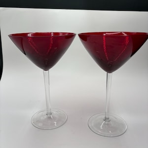 2- Ruby Red Martini Margarita Blown Glass Set Stemmed 7.75" x 5"  1980's