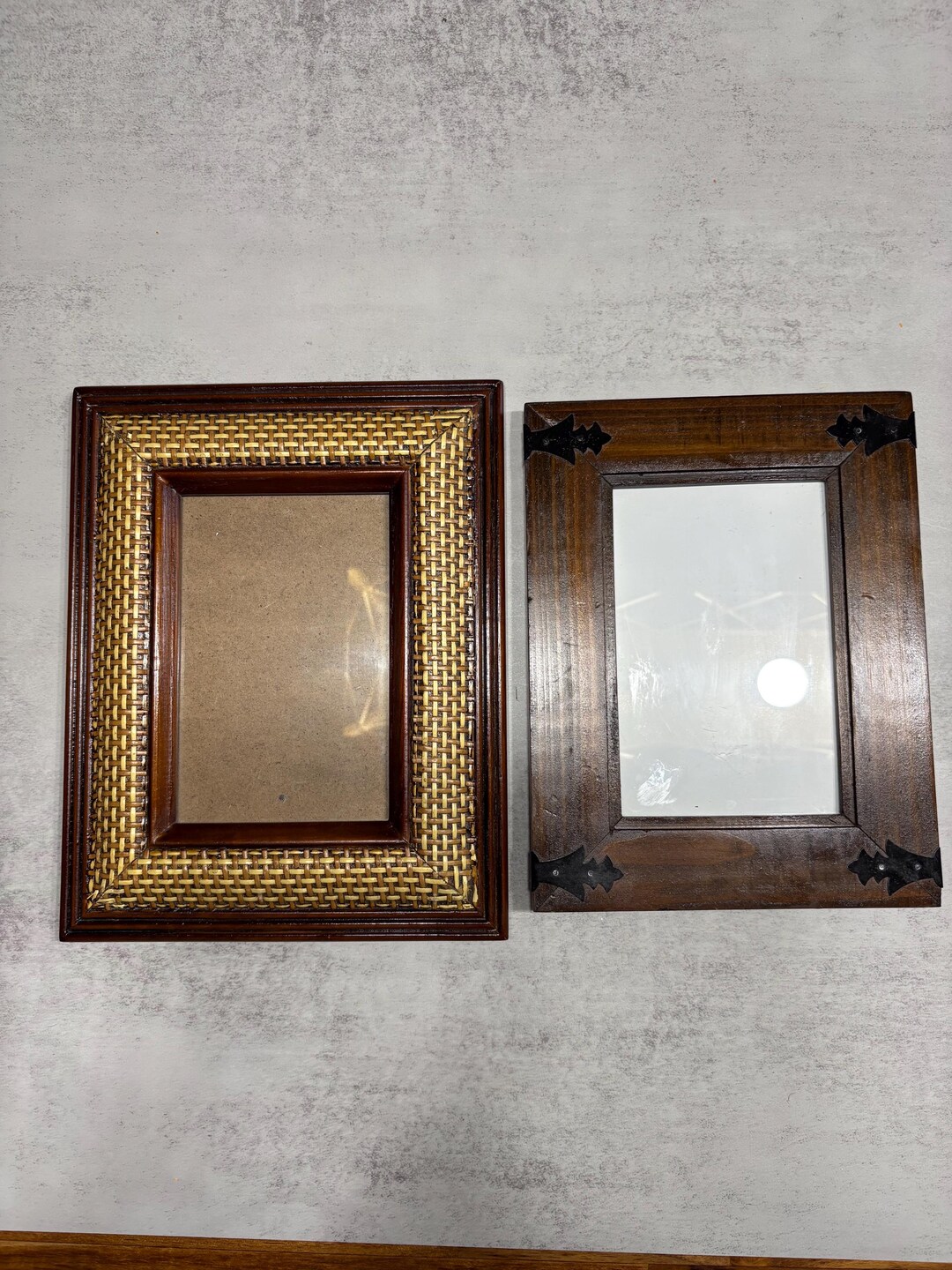 Wood Inner Frame Two Wooden Picture Frames, One Rattan-style Outer Border and Dark Wood ...