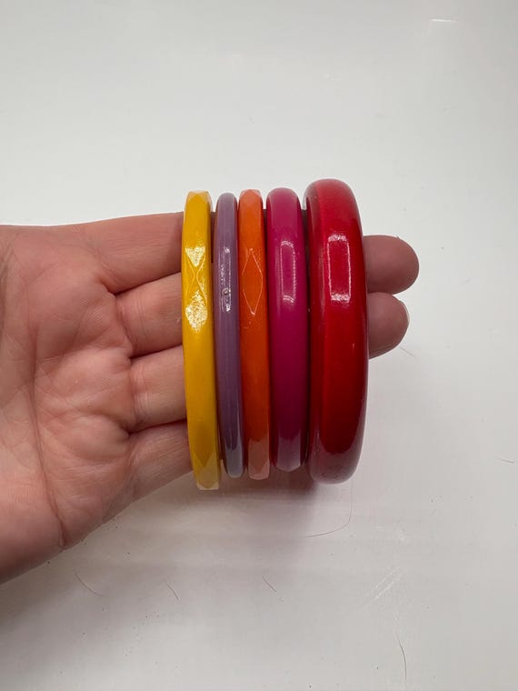Bakelite bangle bracelets. yellow, purple, orange… - image 3