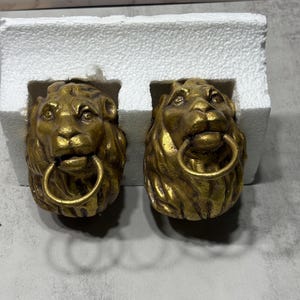 Puede incluir: Dos aldabas doradas con forma de cabeza de león. Cada león tiene un anillo en la boca. Las aldabas se presentan en un inserto de espuma blanca, lo que sugiere que son nuevas o no se han usado.