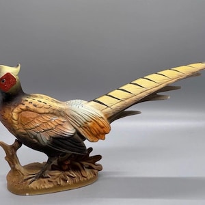 May include: A ceramic pheasant figurine with detailed plumage in shades of brown, orange, and yellow. The bird has a red facial patch and a long, elegant tail. It is perched on a brown, textured base, creating a decorative accent.