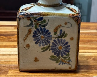 Jarrón de cerámica mexicana Tonala vintage – Diseño floral y de pájaros pintado a mano