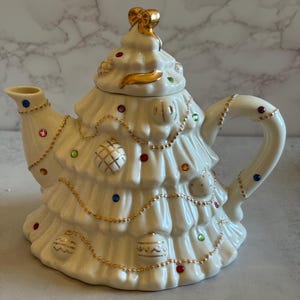 Juvelbesatt julgrans-tekanna LENOX – Vintage 2003 Holiday-tekanna – Estate Collection Fine Elfenbensporslin – Festlig Holi