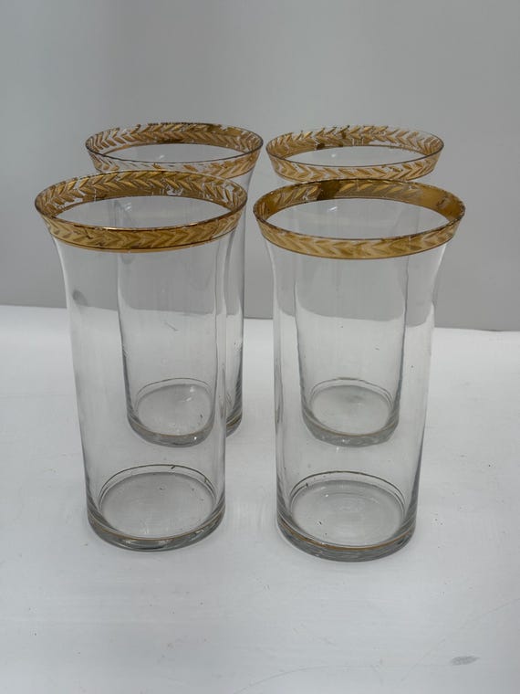 4 Beverage Tumblers Glasses, Fostoria Crystal GOLD LAUREL 31 vine etched  1920s