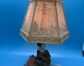 Vintage Boston Lighthouse Accent Lamp with 3D Lithophane Hexagon Shade, Coastal Nautical Table Light, Beach House Decor, Sea Keeper Gift