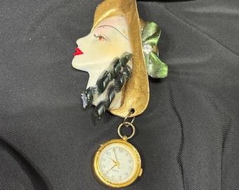Vintage Bonetto Watch Brooch: Rhinestone Rivoli, Gold Tone  display picture 1