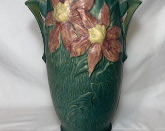 Vintage Roseville Clematis Vase, Green Floral Art Pottery
