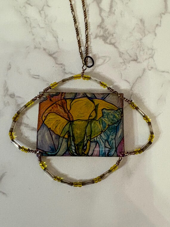 rectangular ceramic pendant necklace with an elep… - image 1