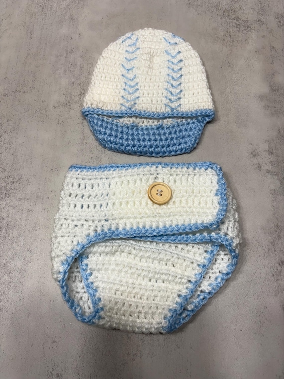 Crochet Baby Baseball Outfit, Newborn Boy Hat, Diaper Cover
