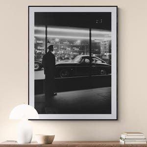 Man in front of the shop window of a Porsche 356 - Classic Car Art Poster, Porsche, 356, Oldtimer, Vintage, Car, Retro, Classic