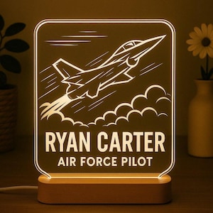 Personalized Air Force Night Light – Custom Engraved Fighter Jet Lamp, LED Gift for Pilot, Aviation Decor, Military Gift for Him, Veteran