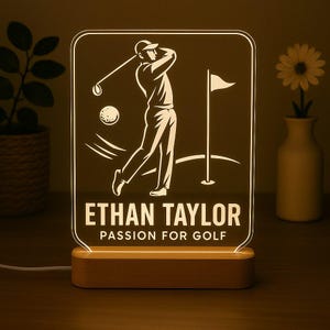 Personalized Golf Player Night Light – LED Gift for Golfer | Golf Coach Decor | Golfing Fan Room Lamp | Name Engraved Golf Tribute