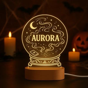 Personalized Crystal Ball Night Light - Fortune Teller LED Lamp with Custom Name - Engraved Acrylic Mystical Halloween Decor, Handmade Gift