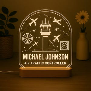 Personalized Air Traffic Controller Gift – Custom LED Acrylic Lamp with Name & Tower Design – Unique Aviation Decor for Him or Her