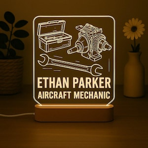 Custom Aircraft Mechanic Gift – Personalized LED Lamp with Name & Engine Design – Aviation Maintenance Decor for Men or Women