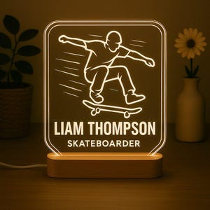 Personalized Skateboarding Night Light – Custom LED Gift for Skater, Name Engraved Decor, Teen Room Light, Athlete Award