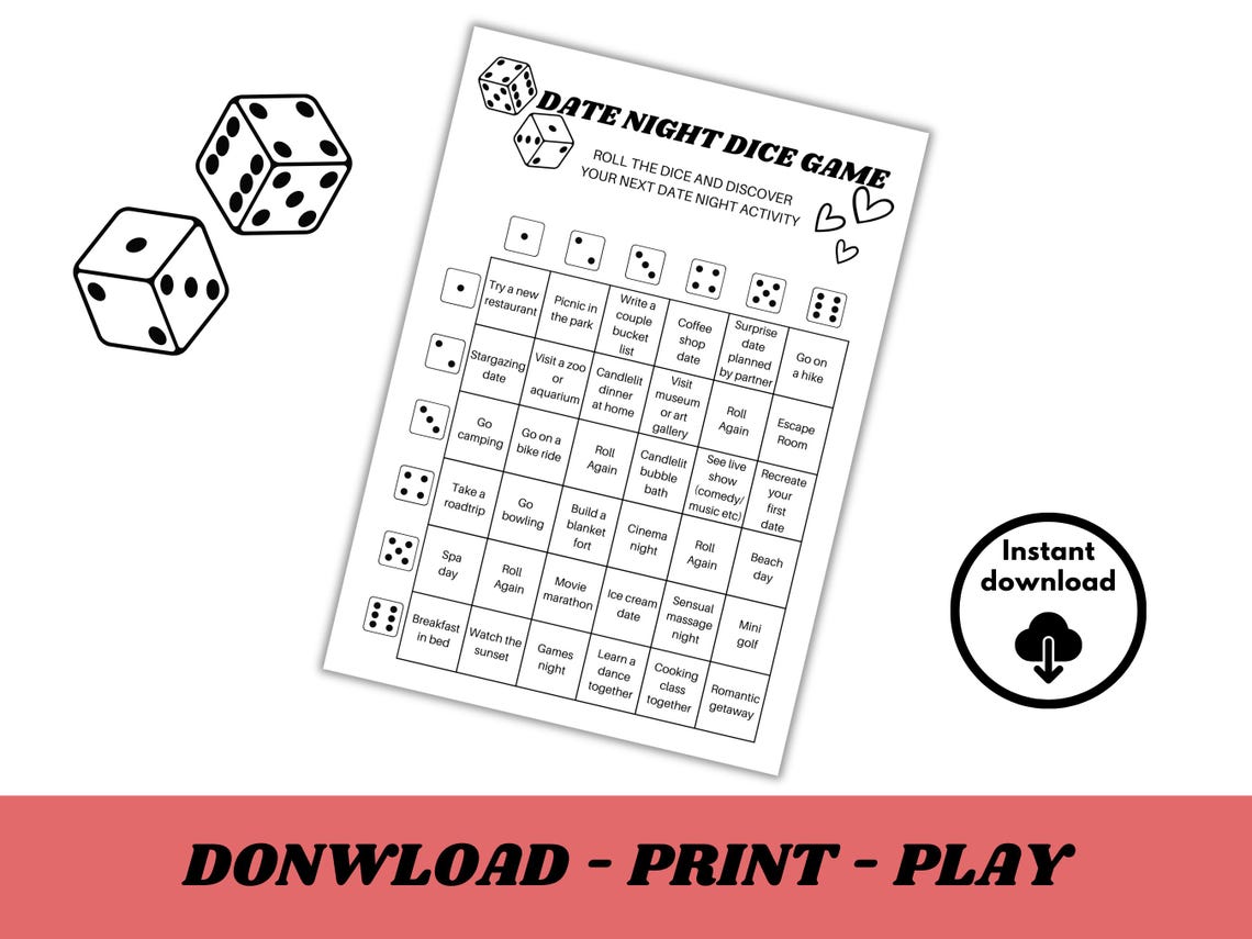 Date Night Dice Game, Printable Date Night Ideas, Couples Dice Game ...