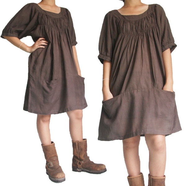 Brown Cotton Short Dress XL to 3X