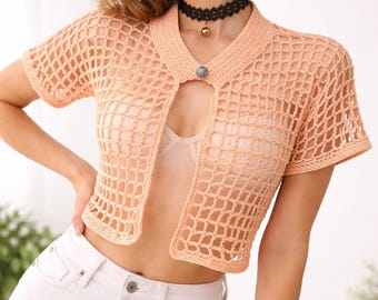 Top corto in rete lavorato a mano all'uncinetto, cardigan estivo trasparente in stile boho, top perfetto per festival, blusa leggera all'uncinetto per la spiaggia, top rosa pesca tenue