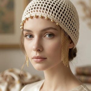 Handmade Beaded Crochet Fringe Hat - Flapper/Egyptian Inspired Blue Beaded Crocheted Flapper Hat: Egyptian Headdress, Belly  main image 3