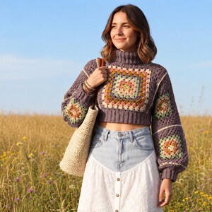 Handmade Crochet Granny Square Crop Sweater with Turtleneck and Balloon Sleeves