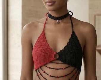 Chaleco de ganchillo para mujer, top rojo estilo rave, chaleco estilo abuela boho chic, top de ganchillo de algodón ajustable, estilo vestido gitano, accesorio, camiseta sin mangas de ganchillo