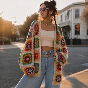 Vintage Granny Square Crochet Cardigan, Colorful Boho Hippie Sweater, Oversized Patchwork Knit Jacket, Festival Cardigan, Unique Size