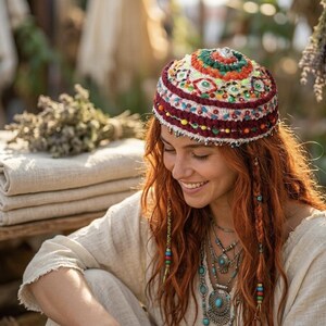 Boho Sequin Crochet Skull Cap Sparkly Festival Hair Cover Handmade Crochet Sequins Hat – Boho Skull Cap, Netted Cotton  main image 3