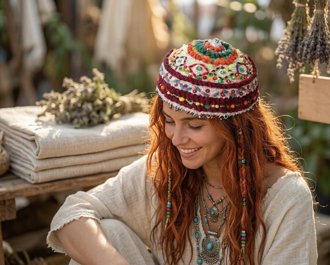 Boho Sequin Crochet Skull Cap Sparkly Festival Hair Cover Handmade Crochet Sequins Hat – Boho Skull Cap, Netted Cotton  main image 4