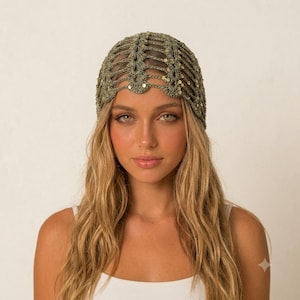 Gehaakte muts met pailletten, handgemaakte haarnetje met kralen, boho festivalmuts, glinsterende mesh muts uit de Y2K-periode, cadeau voor haar