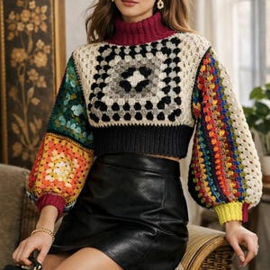 Peut inclure: Un pull crocheté court et multicolore avec une jupe en cuir noire. Le pull présente un motif carré noir, blanc et gris sur le devant, avec des manches colorées. La marque "SEA NEW YORK" est affichée.