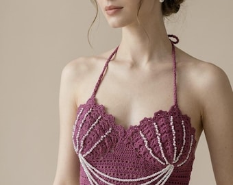 Handmade Crochet Shell Bralette With Pearl Chains, Sparkling Cotton Party Crop Top, Boho Festival Outfit, Mermaid Style Backless Summer Top