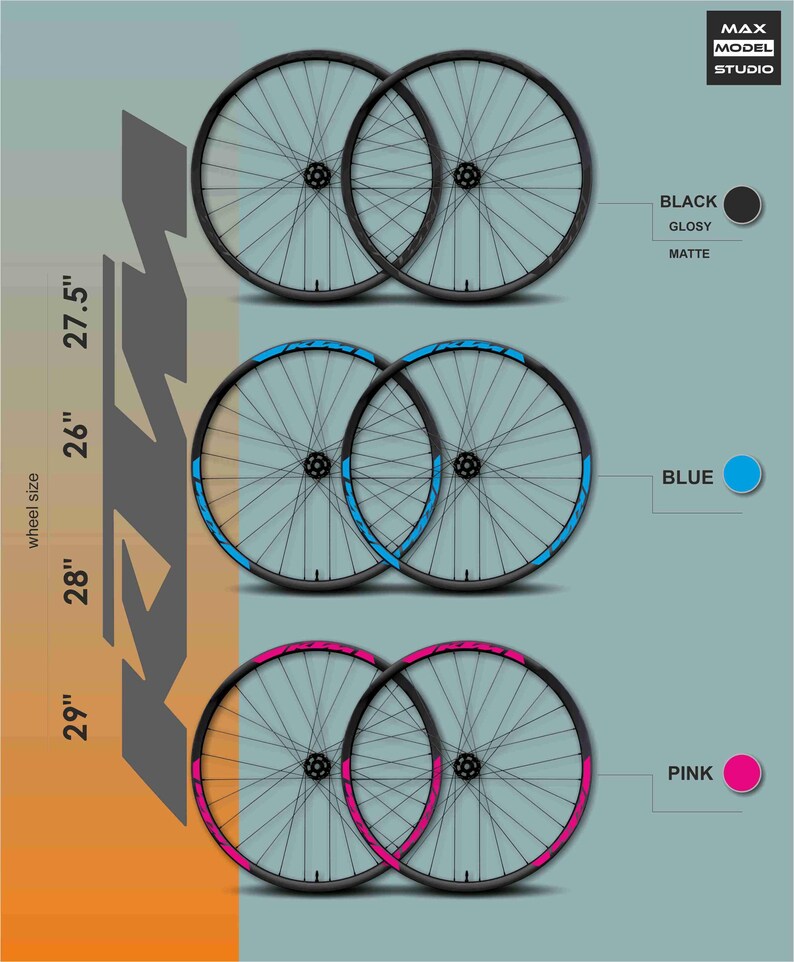 May include: A product image showcasing bicycle wheels in various sizes and colors. The wheels are available in 26", 27.5", 28", and 29" sizes, with black, blue, and pink accents. The image also displays the "MAX MODEL STUDIO" logo.