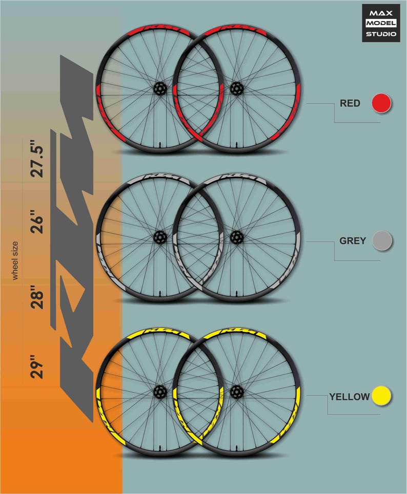 May include: Mountain bike wheel sets in red, grey, and yellow. The image shows wheel sizes of 26", 27.5", 28", and 29". Each wheel has a black rim with colored accents. The "MAX MODEL STUDIO" logo is in the upper right corner.