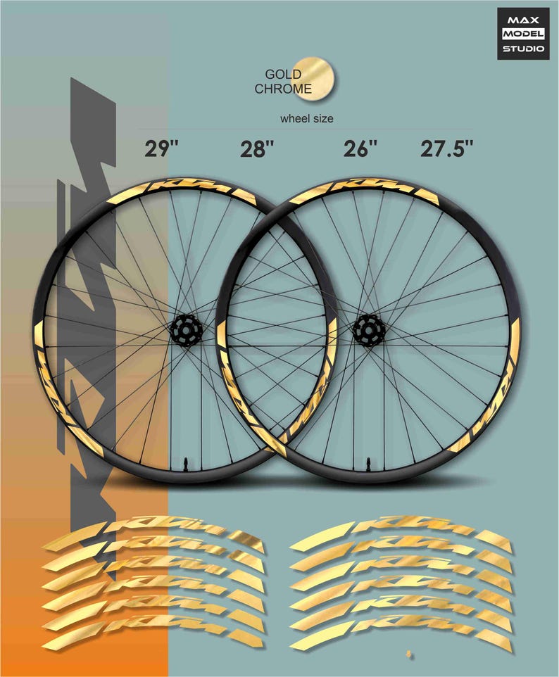 May include: Gold chrome bicycle wheels with black spokes and rims. The image shows wheel sizes of 29", 28", 26", and 27.5". Gold decals are also included. The Max Model Studio logo is in the upper right corner.