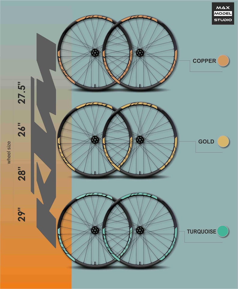 May include: Image of bicycle wheels in copper, gold, and turquoise. Wheel sizes are 26", 27.5", 28", and 29". The wheels have black spokes and rims with colored accents. The "MAX MODEL STUDIO" logo is in the top right corner.
