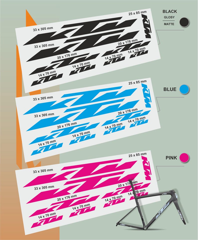 May include: Sheets of KTM motorcycle decals in black, blue, and pink. Each sheet features various sizes of the KTM logo, with dimensions such as 33 x 305 mm and 20 x 176 mm. A bicycle frame is also shown.