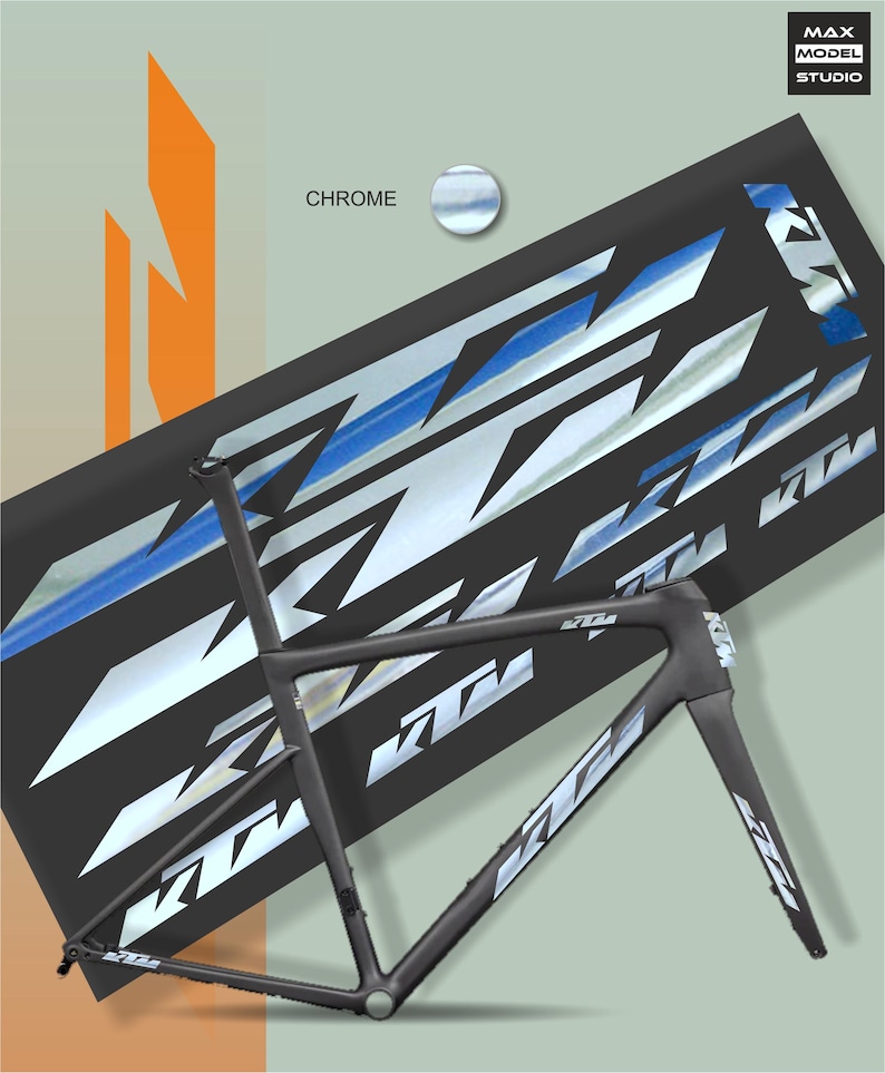 May include: A black KTM bicycle frame with chrome and white accents, set against a backdrop of a black graphic with the KTM logo. The image includes the text "CHROME" and "MAX MODEL STUDIO".