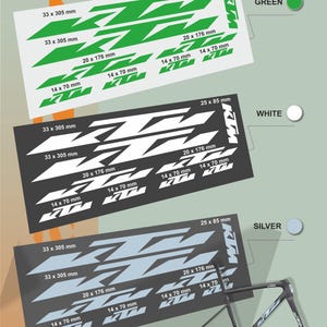 May include: A graphic showing three sets of KTM motorcycle decals in green, white, and silver. Each set includes multiple decals of varying sizes, with measurements in millimeters. The green set is on a white background, the white set on a black background, and the silver set on a dark gray background.