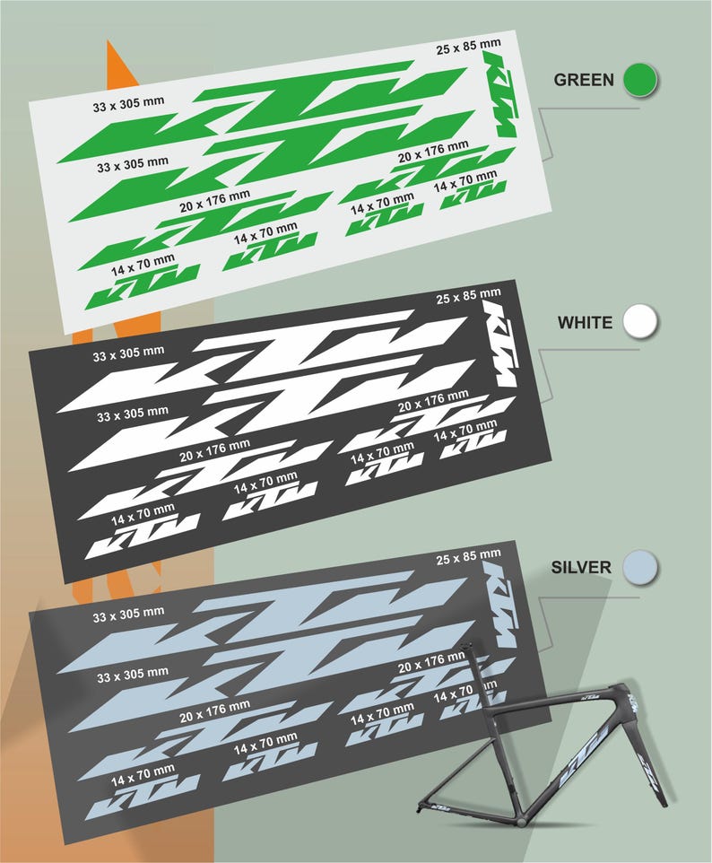 May include: A graphic showing three sets of KTM motorcycle decals in green, white, and silver. Each set includes multiple decals of varying sizes, with measurements in millimeters. The green set is on a white background, the white set on a black background, and the silver set on a dark gray background.