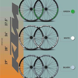 May include: Mountain bike wheel sets in green, white, and silver, with wheel sizes of 26", 27.5", 28", and 29". Each set includes two wheels. The image shows the wheel sets against a teal and orange background. The brand name "MAX MODEL STUDIO" is in the top right corner.
