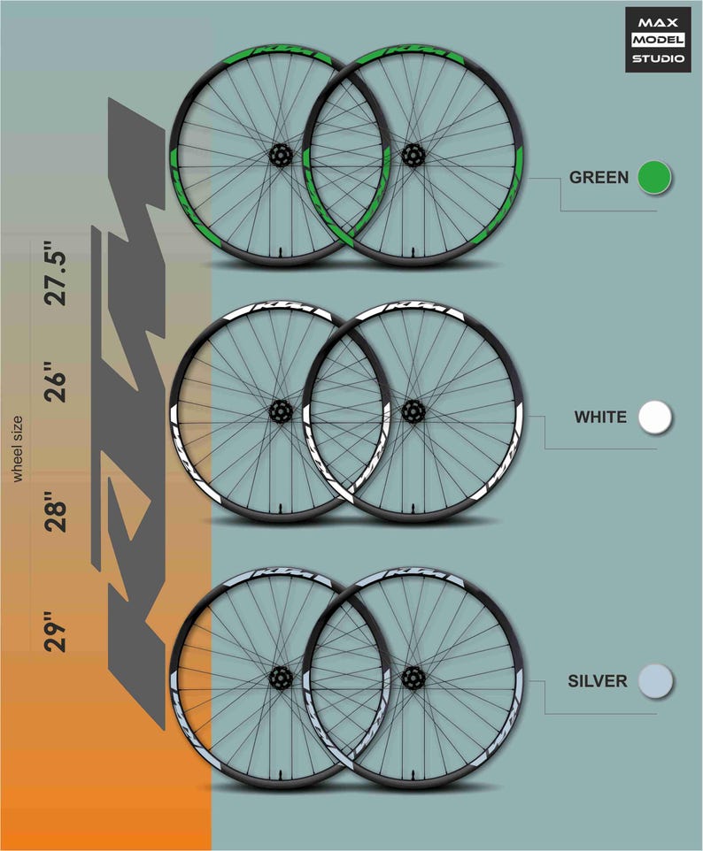 May include: Mountain bike wheel sets in green, white, and silver, with wheel sizes of 26", 27.5", 28", and 29". Each set includes two wheels. The image shows the wheel sets against a teal and orange background. The brand name "MAX MODEL STUDIO" is in the top right corner.