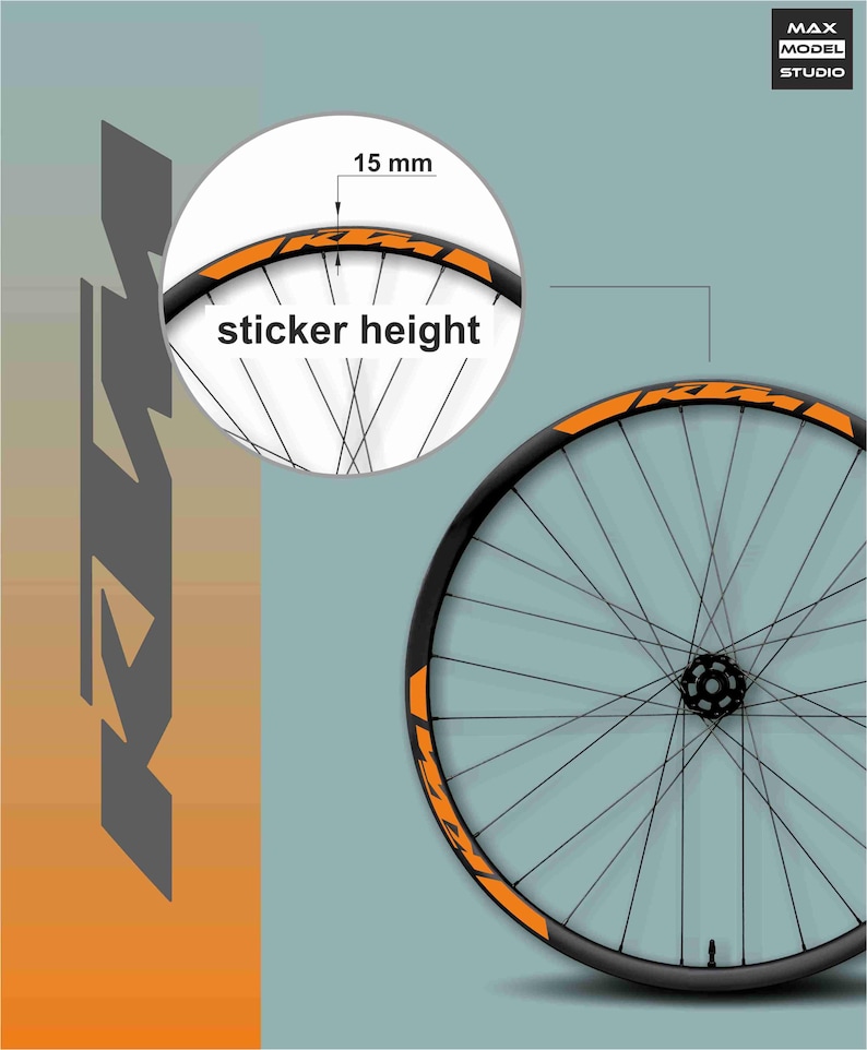 May include: A bicycle wheel with a black rim and orange accents. The wheel has thin black spokes and a central hub. The image includes a close-up showing the sticker height of 15 mm. The background is a two-tone teal and orange.
