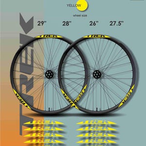 May include: Two black bicycle wheels with yellow "TREK" branding and wheel size options: 29", 28", 26", and 27.5". The image also includes several yellow "TREK" decals. The background is a teal and grey gradient.