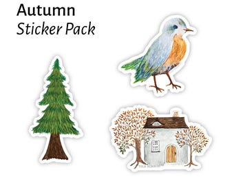 Autumn Sticker Pack: Watercolor Pine Tree, Cottage, Bird Vinyl Decals