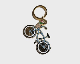 Floral Bicycle Enamel Keychain – Blue Bike with Flowers, Gold Finish