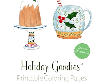 Christmas Pudding & Holly Mug Coloring Pages (Digital Download)