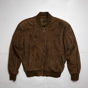 Vintage Brown Suede Bomber Jacket by Sazo | 80s 90s Minimalist Outerwear | Soft Genuine Suede Leather | Unisex Retro Fall Jacket